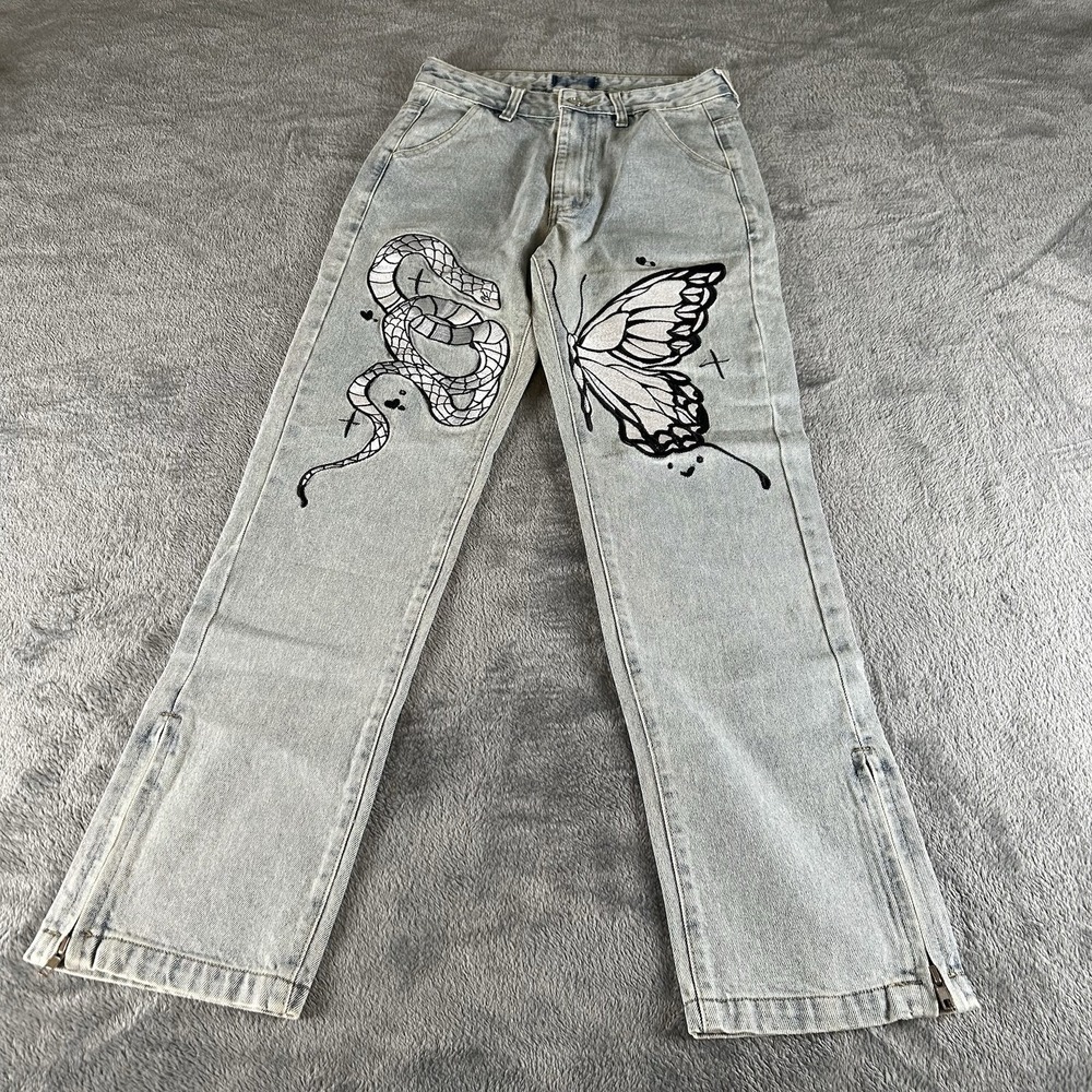 Aelfric Eden Jeans Womens Size 28 Embroidered Butterfly Snake Zipper Accents EUC